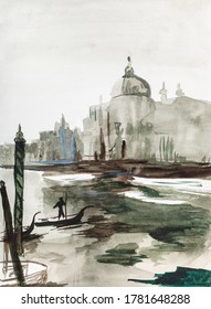 Vertical Morning View On Venice City With Canal And Church Hand Painted By Watercolour Paints On White Textured Paper