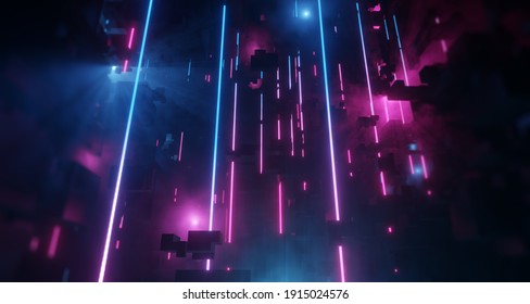 Vertical Neon tubes reflecting City with Light Tech abstract background. Bright Pink and Blue Neon lens flares, misty environment. 3D render
