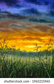 Vertical original rural oil painting summer in field meadow, big grass vegetation, clouds and sun on canvas. Impasto artwork. Impressionism art.