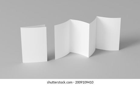 Vertical Page Zigzag Or Accordion Fold Brochure. Four Panels, Eight Pages Blank Leaflet. Mock Up On White Background For Presentation Design. Folded And Front Side. Side View. 3d Illustration.