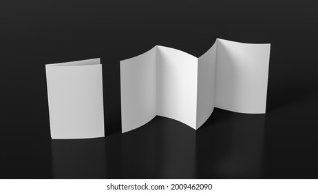 Vertical Page Zigzag Or Accordion Fold Brochure. Four Panels, Eight Pages Blank Leaflet. Mock Up On Black Background For Presentation Design. Folded And Front Side. Side View. 3d Illustration.