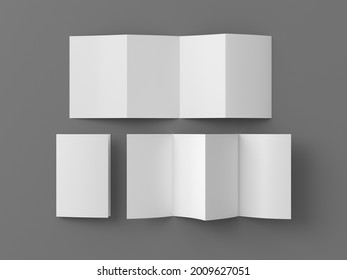 Vertical Page Zigzag Or Accordion Fold Brochure. Four Panels, Eight Pages Blank Leaflet. Mock Up On Gray Background For Presentation Design. Folded, Front And Back Side.  View Above. 3d Illustration.