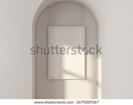 Vertical poster art Frame Mockup hanging on ropes in Arch in room. 3d rendering
