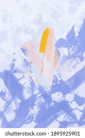 The Vertical print pattern features curly strokes of lavender and cornflower blue with a saffron centerpiece. Abstract illustration in the style of modern art - yellow on a gray-blue background.