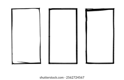 Vertical Rectangle Big Frame Set | Black Marker PNG Isolated hand drawn doodle Elements on white background
