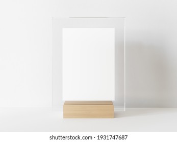Vertical rectangle white menu with transparent frame on a light wood stand. Card display promotion and information for customer, picture stand,sign holder and photo frame template. 3D illustration