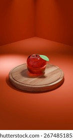 Vertical render of a glass apple resting on a wooden cutting board, against a minimal red corner background. Strong reflections highlight the modern still life concept.