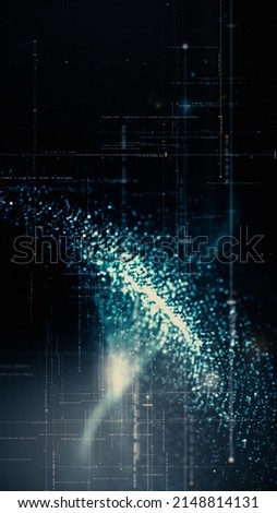Vertical screen Format : Futuristic abstract de-focus Metaverse data matrix, meta, telemetry and encrypt numbers display with particles simulation in cyber space environment for HUD background