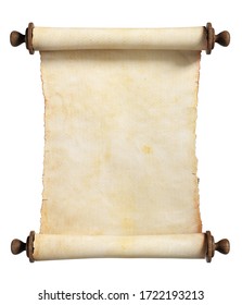 Vertical scroll or parchment with wooden handles. Isolated, clipping path included. 3d illustration.