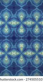 A vertical seamless pattern featuring a fluid, kaleidoscopic design in varying shades of ocean blue, cerulean, and soft seafoam green. The motif consists of layered, petal-like shapes that create a sense of depth and movement, reminiscent of underwater ripples or stained glass. This ethereal, symmetrical composition is perfectly suited for modern fabric prints, yoga apparel, smartphone wallpapers, and tranquil digital backgrounds.