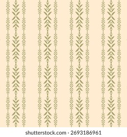 A vertical seamless pattern featuring pale olive-green stylised  leaf or wheat-like motifs on a light beige background.