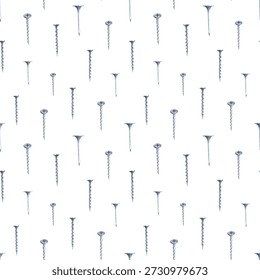 Vertical seamless pattern with iron self-tapping screws and nails on an isolated background. Realistic watercolor illustration for packaging, wallpaper making, wrapping paper, as well as for