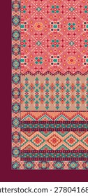 Vertical side panel layout with ethnic geometric ikat border and daman. Flat traditional placement print for sleeve or kurti fashion apparel.