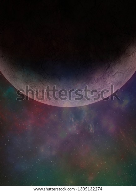 Vertical space illustration with sunrise on\
planet. Surreal dreamy sci-fi art background. Space fantasy\
background with purple planet and nebula\
