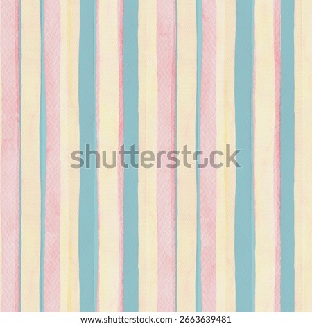 Vertical stripe seamless pattern in pastel pink blue and yellow. Hand drawn watercolor design with textured brush stroke. Great for wallpaper and kitchen fabric. Perfect for bed linen and baby decor.