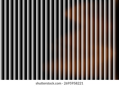 A vertical striped pattern partially obscures a colorful, abstract representation of a human form, creating a sense of mystery and depth.