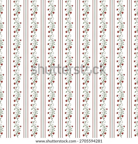 Vertical striped seamless pattern featuring red stripes alternating with delicate green vines dotted with tiny hearts on a white background. Creates a classic, elegant, and romantic design for various