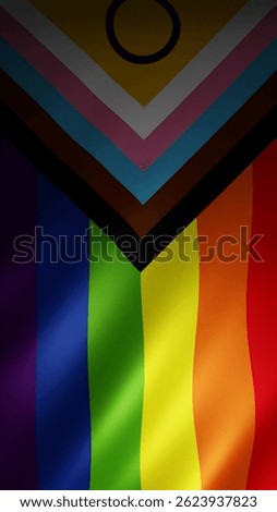 Vertical texture of the progress pride flag, including rainbow stripes and inclusive elements on fabric. Represents equality, diversity, and awareness.