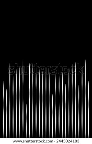 Vertical white lines, black background with empty space. Blank black board template and vertical banner. Isolated.