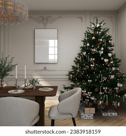 Vertical wooden frame mockup on molding wall in Christmas dining room home decoration, blank poster mock up with christmas tree and wood dining table, Christmas interior design theme, 3D rendering