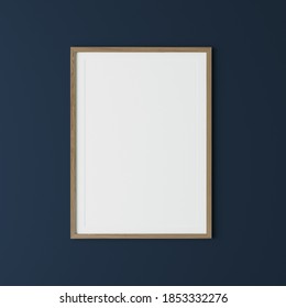 Vertical Wooden Frame On Dark Blue Wall, Poster Frame Mock Up, 3d Render, 3d Illustration