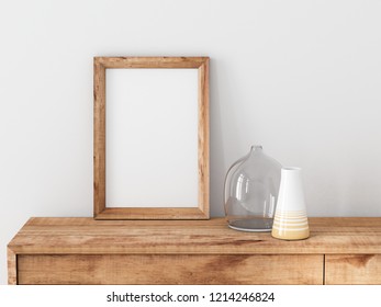 Vertical Wooden Frame Poster Mockup Standing On Bureau, 3d Rendering