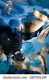 Very Beautiful Art. Abstract Background.  Blue And Gold Paint. Golden Sequins