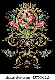 Very Beautiful Floral Motif With Frame And Baroque On Black Background.