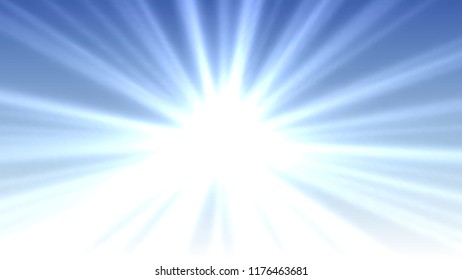Very bright light shining from blue gradient sky background