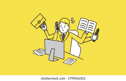 very busy office worker,hand holding bag,phone,paper,pencil,yellow background,illustration