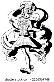 A Very Cute Sailor Girl Drawn In The Style Of Japanese Manga Comics. She Has Long Curly Hair, A Large Bow Behind Her Back, A Skirt, And Stockings On Her Legs. Outline Drawing With Shadows.