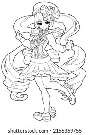 A Very Cute Sailor Girl Drawn In The Style Of Japanese Manga Comics. She Has Long Curly Hair, A Large Bow Behind Her Back, A Skirt, And Stockings On Her Legs. Outline Drawing.