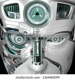 Very Detailed Futuristic Robot Face Closeup View. 3D Illustration