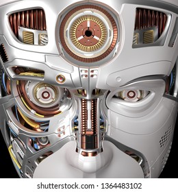 Very Detailed Futuristic Robot Face Closeup View. 3D Illustration