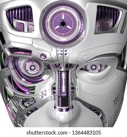 Very Detailed Futuristic Robot Face Closeup View. 3D Illustration