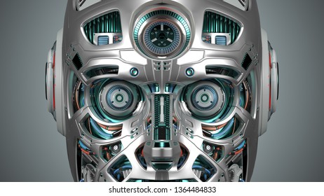 Very Detailed Futuristic Robot Face. Closeup View Isolated On Green Background. 3D Illustration