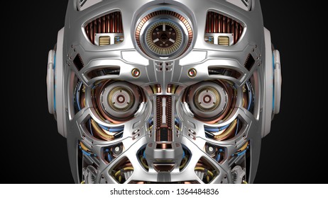 Very Detailed Futuristic Robot Face. Closeup View Isolated On Black Background. 3D Illustration