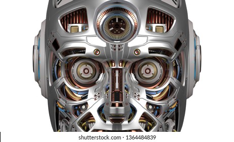 Very Detailed Futuristic Robot Face. Closeup View Isolated On White Background. 3D Illustration