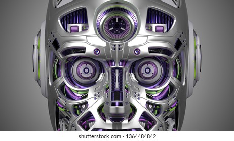 Very Detailed Futuristic Robot Face. Closeup View Isolated On Grey Background. 3D Illustration