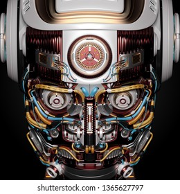 Very Detailed Futuristic Robot Face Closeup View On Black Backgrouhd. 3D Illustration