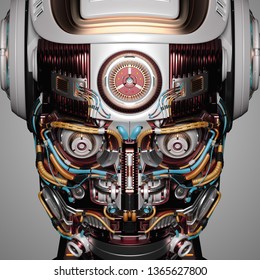 Very Detailed Futuristic Robot Face Closeup View On Grey Backgrouhd. 3D Illustration