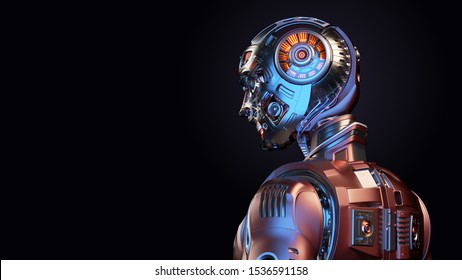 Very Detailed Futuristic Robot Man Or Red
Humanoid Cyborg With Metallic Skull Head. Side Back View Isolated On Black Background With Free Copy Space For Text. 3d Render