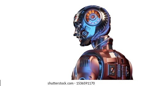 Very Detailed Futuristic Robot Man Or Red
Humanoid Cyborg With Metallic Skull Head. Side Back View Isolated On White Background With Free Copy Space For Text. 3d Render