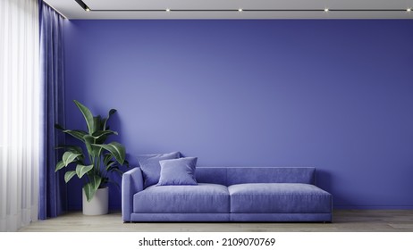 Very Peri Is A Trendy Color Year In The Living Room. Painted Blank Wall For Art And Cornflower Blue Sofa. Mockup Fancy Room Design. 3d Render