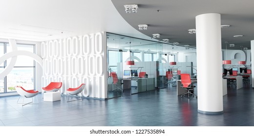 Very Realistic 3D Rendering Of A Modern Corporate Office In White, Glass And Red