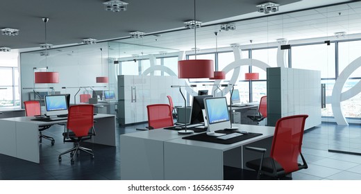 Very Realistic 3D Rendering Of A Modern Corporate Office In White, Glass And Red