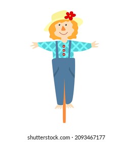 A Very Silly And Charming Garden Scarecrow On A Stick In A Cartoon Children's Flat Style. The Character Smiles And Wears A Plaid Shirt, Straw Hat, Denim Overalls. 