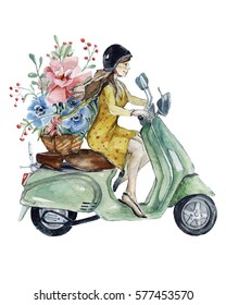 Vespa And Girl With Bouquet Of Flowers. Hand Drawn Watercolor Illustration