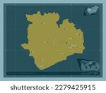 Veszprem, county of Hungary. Solid color shape. Locations and names of major cities of the region. Corner auxiliary location maps