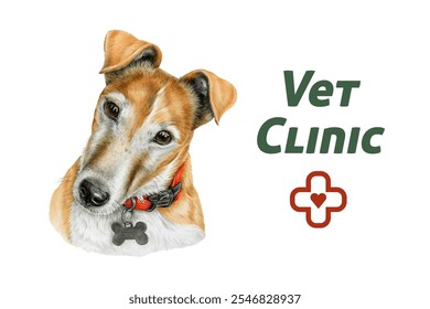 Vet clinic banner with realistic cute dog illustration red cross, heart, and Vet Clinic text. Perfect for pet products, veterinary clinics, pet stores, animal healthcare branding. White background - Powered by Shutterstock